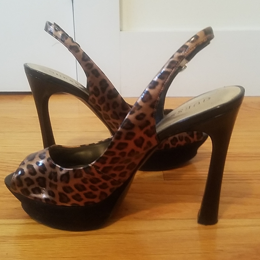 GUESS leopard patent leather peep toe heels